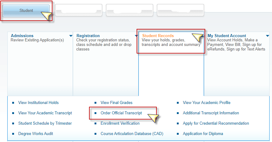 Self service student portal showing the active Student Records section with the cursor hovering over 'Order official transcripts'.